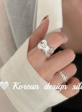 韩版东大门ins博主同款饰品 S925纯银宽版褶皱蝴蝶结戒指高级感女
