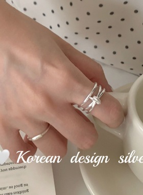 韩版性冷淡风小众设计感银银饰 S925纯银简约三层交叉戒指高级感