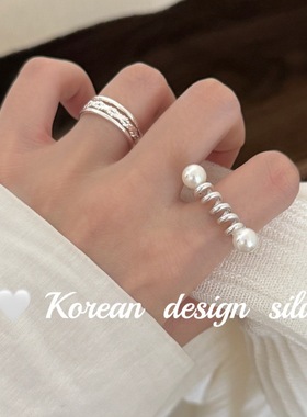 韩版东大门小众设计银饰品 S925纯银时尚弹簧珍珠开口戒指高级感