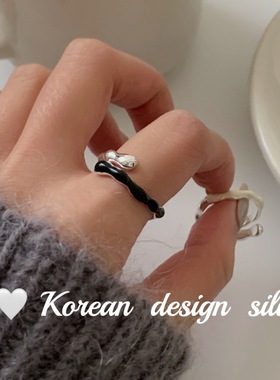 韩版个性ins风银饰品 S925纯银小众米色黑色滴釉开口戒指情侣对戒