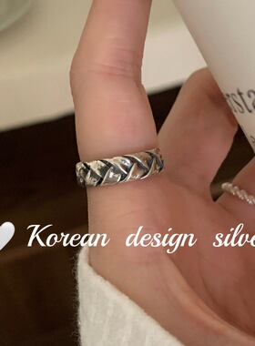 韩版东大门小众设计时尚指环 S925纯银复古做旧编织戒指高级感女