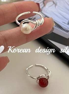 韩版ins风设计感银饰品 S925纯银简约红玛瑙珍珠椭圆镂空麻花戒指