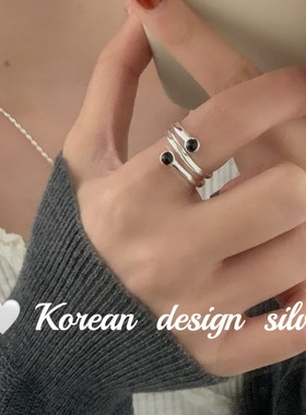 韩国东大门秋冬氛围感饰品 S925纯银简约多层开口黑玛瑙戒指高级