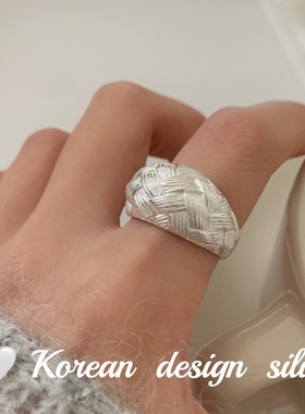 韩版ins风简约设计饰品 S925纯银宽版椭圆编织戒指叠戴高级感女款