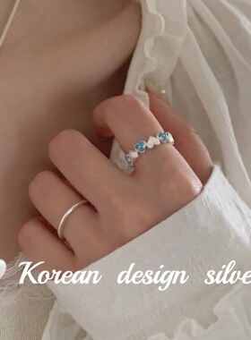 韩版ins风轻奢饰品 925纯银爆闪蓝锆石拉丝爱心拼接戒指小众设计