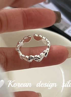 韩系简约ins风设计 S925纯银肌理感爱心拼接素圈戒指小众高级感女