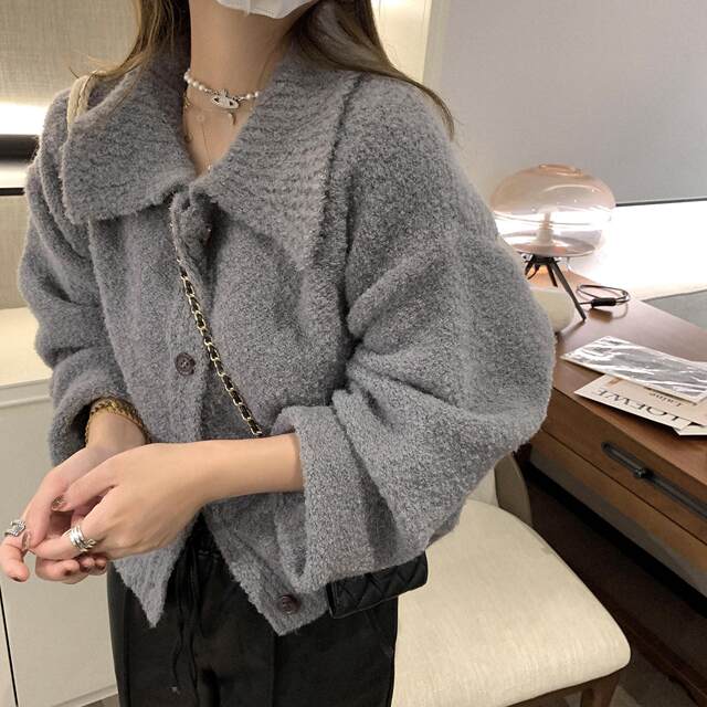 Korean chic milk white lapel sweater jacket for women in autumn