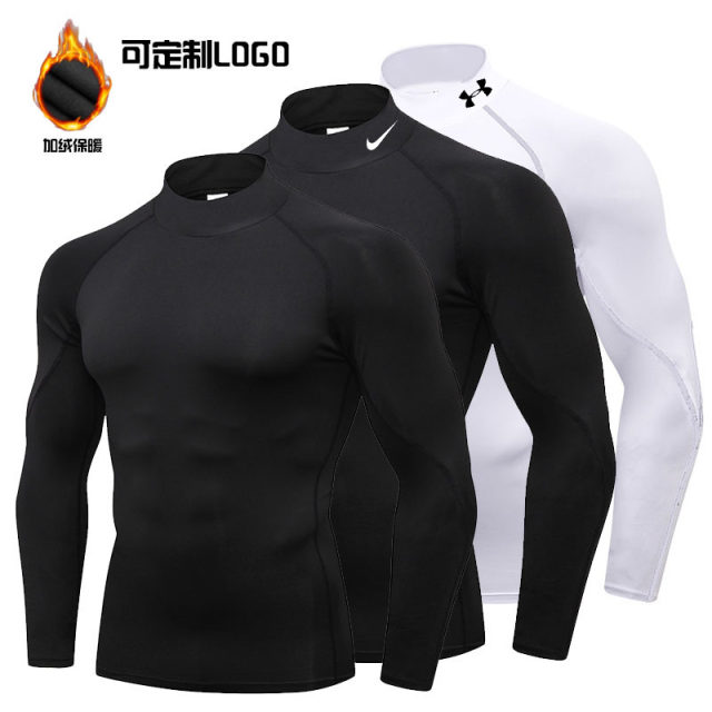 Autumn and winter plus velvet fitness top men's basketball tight training uniform sports running high -elastic high -loading high -collar long sleeve