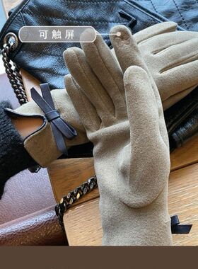 保暖手套冬季女士韩版可爱蝴蝶结加绒加厚冬季电动车防寒触屏