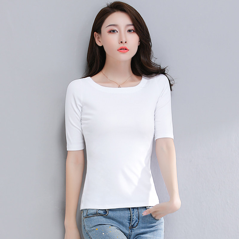 半圆领中袖t恤黑色短款修身打底衫 朝五吩T恤