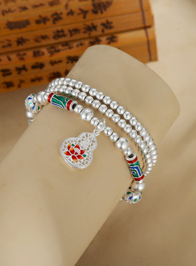 抖音直播古法珐琅彩串珠葫芦手链 白铜镀厚银手串国风DIY原创设计