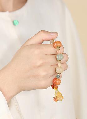 寺庙款金丝玉南瓜手链天然新疆玉女士民簇风七彩色葫芦手串饰品