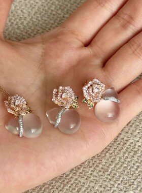 高级感粉色锆石花朵项链耳饰套装葫芦吊坠小众设计新中式国风颈链