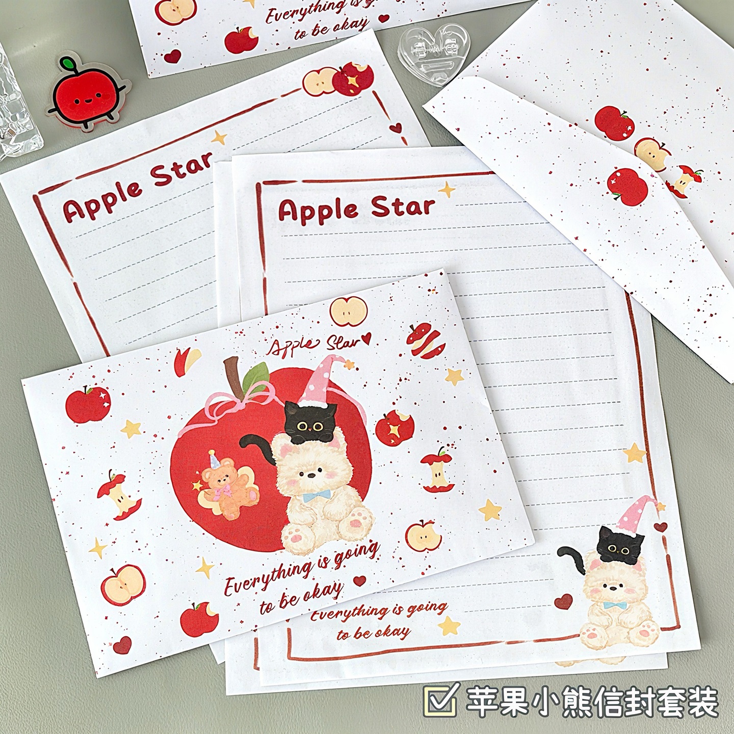 Apple Bear Postcard Letter Letter Set High-Looking Cute Creative Handwritten Greeting Card Handwritten Love Letter Confession