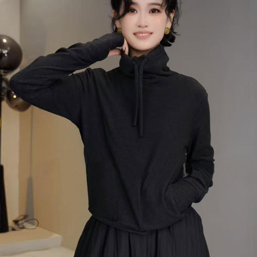 2025秋冬季设计感抽绳高领弹力宽松显瘦双面德绒保暖卫衣打底衫女 - 图3