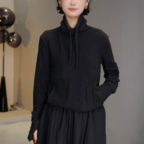 2025秋冬季设计感抽绳高领弹力宽松显瘦双面德绒保暖卫衣打底衫女 - 图0