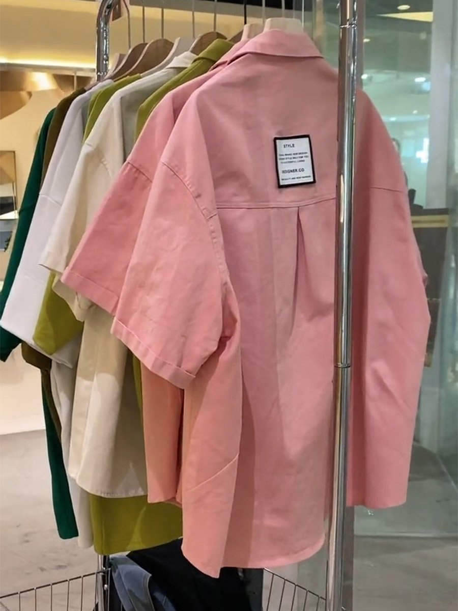 粉色软牛仔衬衫女欧货23春夏新款韩版时尚单排扣宽松休闲短袖外套
