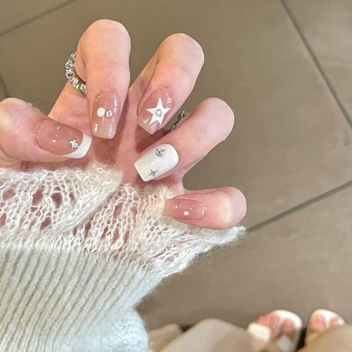 纯手工穿戴甲白色奶油星星韩系法式简约日常通勤款可拆卸穿戴美甲 - 图2