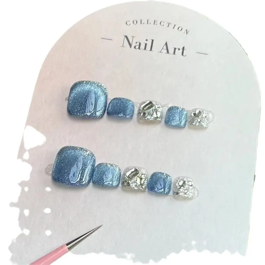 纯手工穿戴甲脚指甲贴片纯手工猫眼显白可拆卸蓝脚晶ins风脚指甲 - 图3