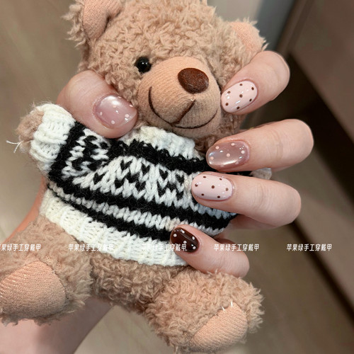 手工穿戴甲春日粉色波点星星猫眼短款温柔高级感显白纯欲美甲贴片 - 图0