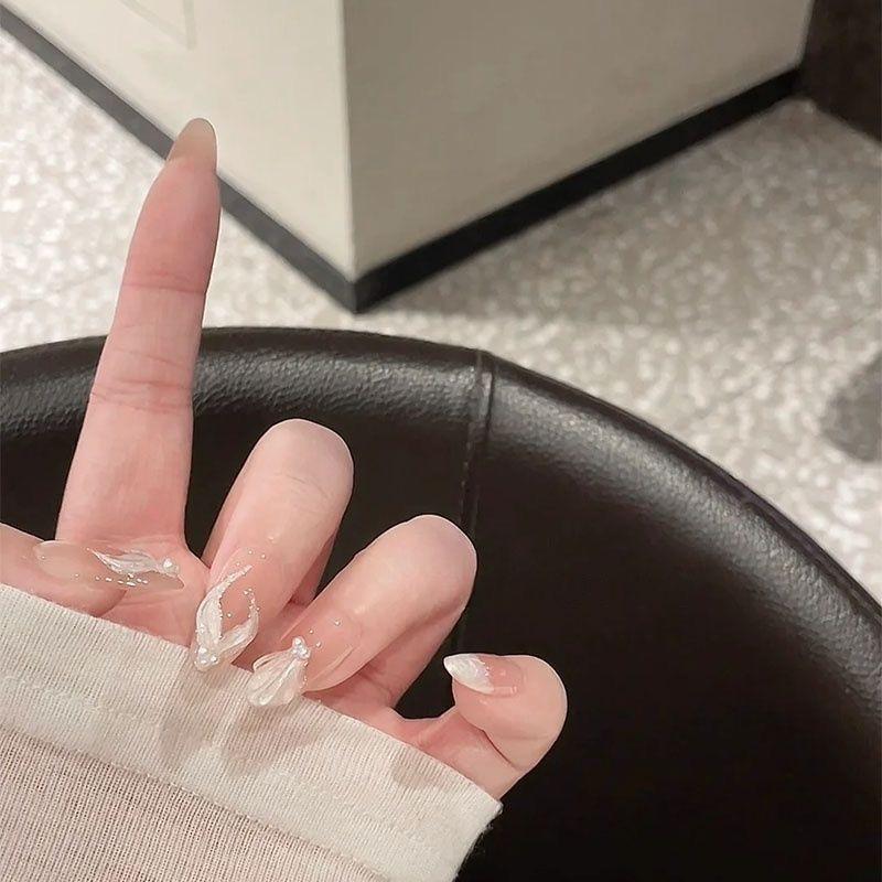 手工穿戴甲云母白美人鱼氛围感温柔显白夏天仙气百搭气质美甲贴片 - 图0