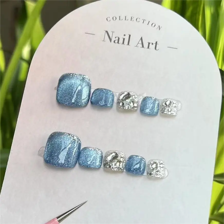 纯手工穿戴甲脚指甲贴片纯手工猫眼显白可拆卸蓝脚晶ins风脚指甲 - 图2