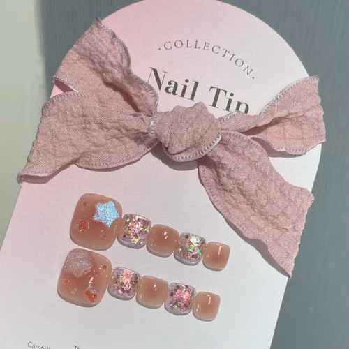 【冰茶星星】脚指甲纯手工穿戴甲粉色美甲贴片爆闪亮片假指甲贴片 - 图1