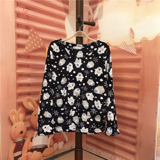 秋冬法兰绒珊瑚绒加厚保暖女睡衣卡通上装家居休闲套头上衣长袖