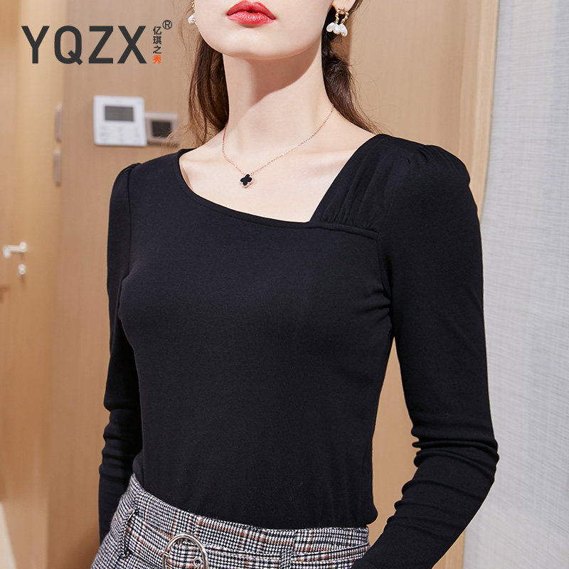 复古法式斜领长袖t恤秋季打底衫 亿琪之秀T恤