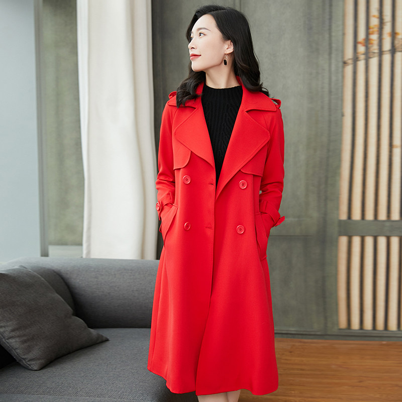 红色女中长款秋装2020年新款风衣 智蓝时尚风衣