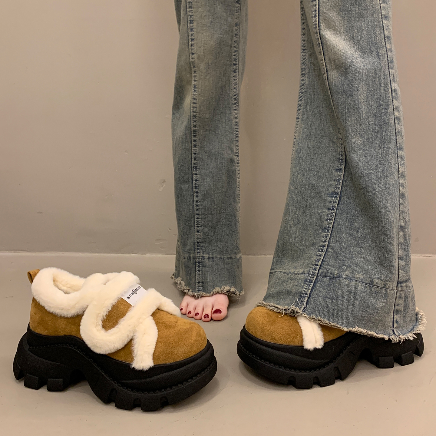 毛毛厚底增高雪地棉女冬加绒加厚2025新款爆款保暖勃肯鞋面包棉鞋 - 图3