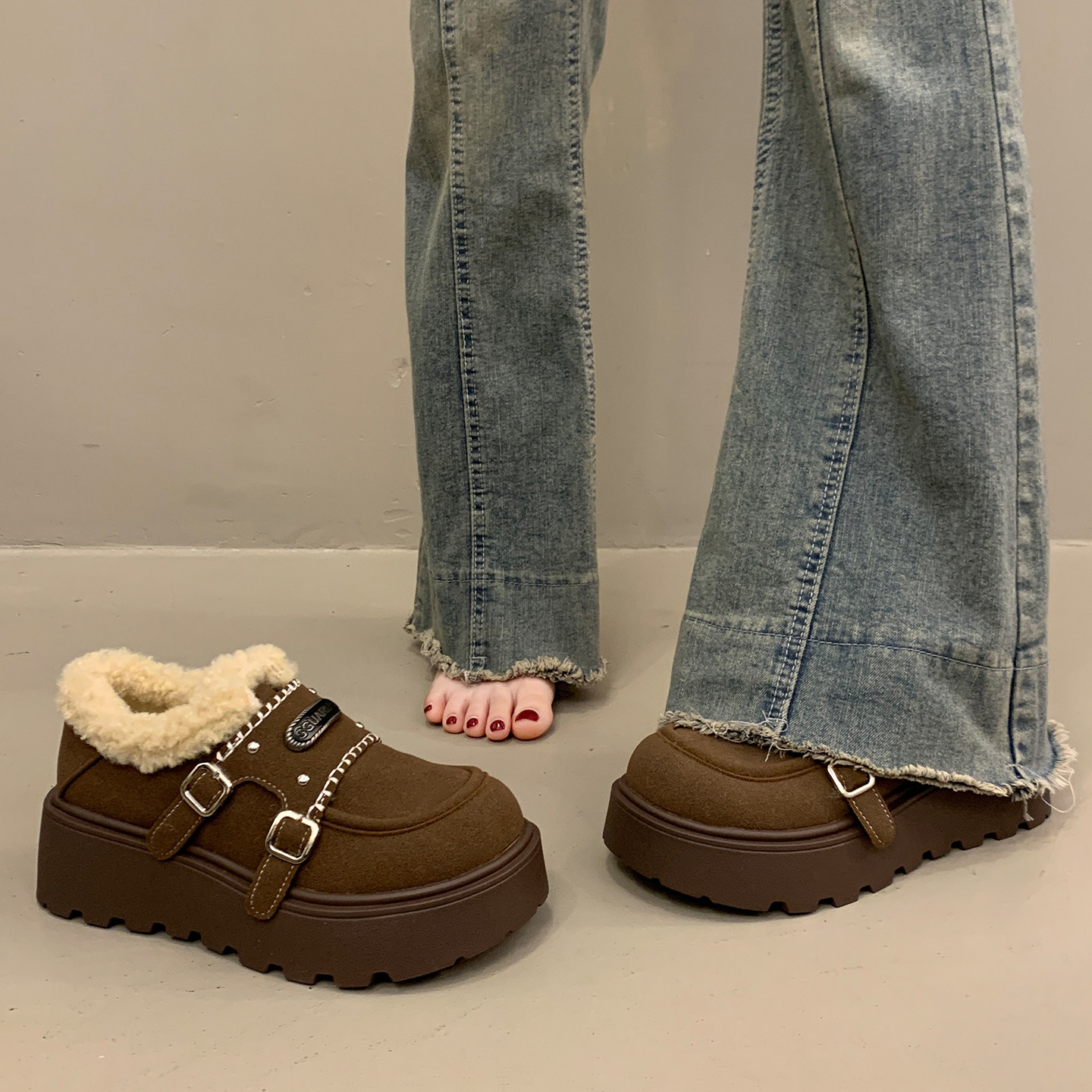 绝美加绒厚底松糕深口单鞋女冬季2025新款勃肯鞋保暖毛毛雪地棉鞋,淘宝优惠券,粉丝福利购,淘宝优惠卷