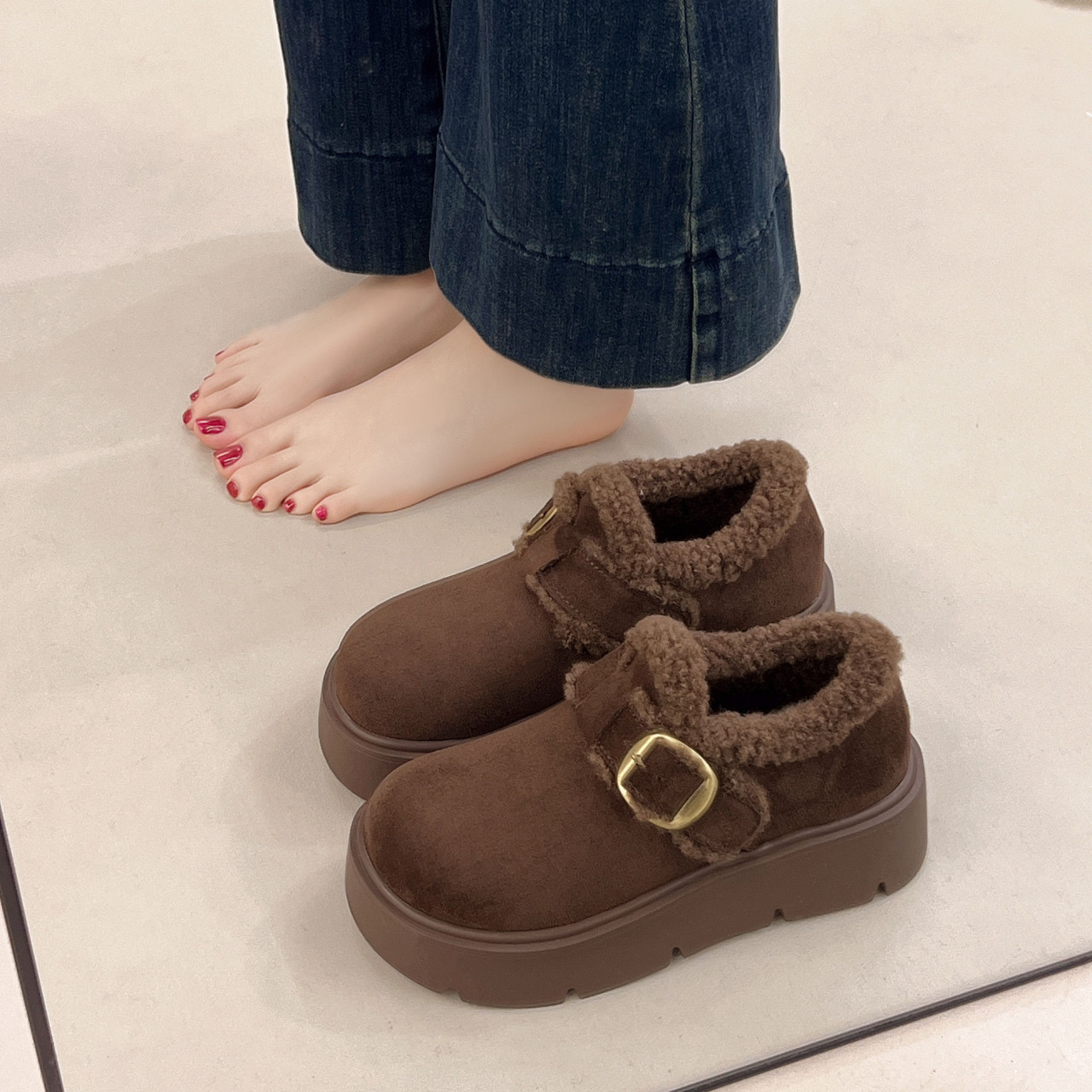 加绒松糕厚底深口单鞋女增高勃肯鞋毛绒2025新款冬季玛丽珍毛毛鞋,淘宝优惠券,粉丝福利购,淘宝优惠卷