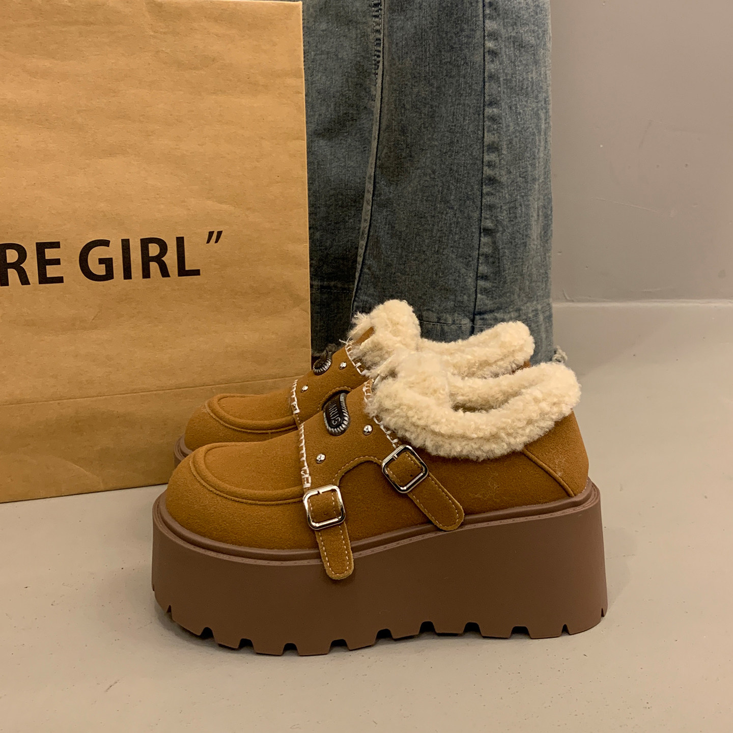 加绒厚底松糕深口单鞋女增高勃肯鞋2025新款超火秋冬玛丽珍毛毛鞋,淘宝优惠券,粉丝福利购,淘宝优惠卷