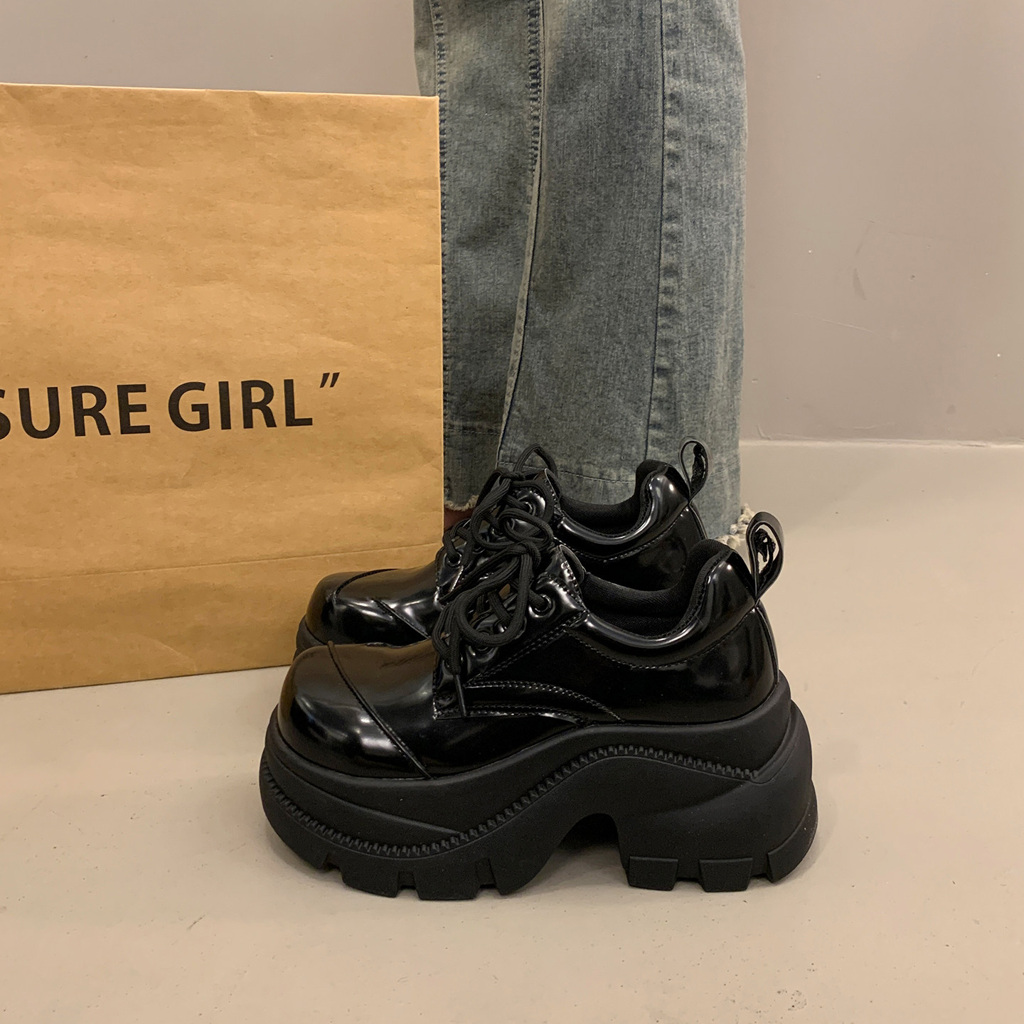 英伦厚底增高小皮鞋女秋冬系带深口单鞋2025新款松糕玛丽珍乐福鞋,淘宝优惠券,粉丝福利购,淘宝优惠卷