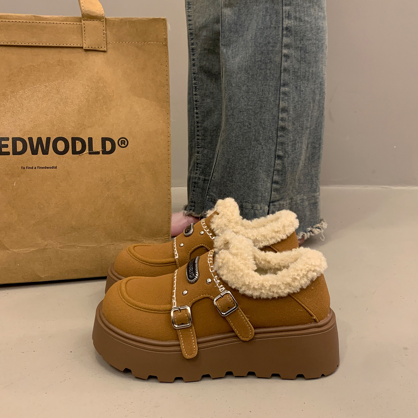 绝美加绒厚底松糕深口单鞋女冬季2025新款勃肯鞋保暖毛毛雪地棉鞋,淘宝优惠券,粉丝福利购,淘宝优惠卷