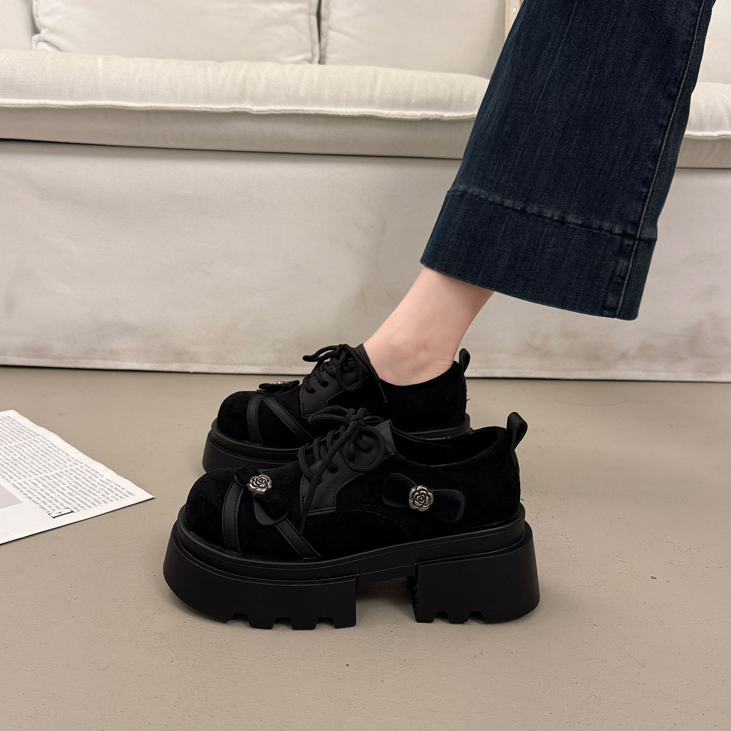 法式厚底加绒绝美深口单鞋女秋冬季2025新款玛丽珍增高系带小皮鞋,淘宝优惠券,粉丝福利购,淘宝优惠卷