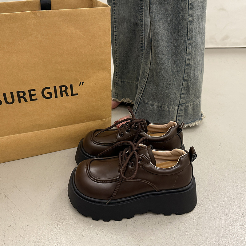 复古英伦风厚底增高小皮鞋女秋冬百搭系带松糕单鞋2025新款乐福鞋,淘宝优惠券,粉丝福利购,淘宝优惠卷