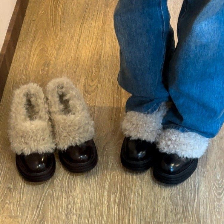 法式加绒高跟毛毛鞋女冬季新款一脚蹬圆头乐福鞋粗跟玛丽珍小皮鞋,淘宝优惠券,粉丝福利购,淘宝优惠卷