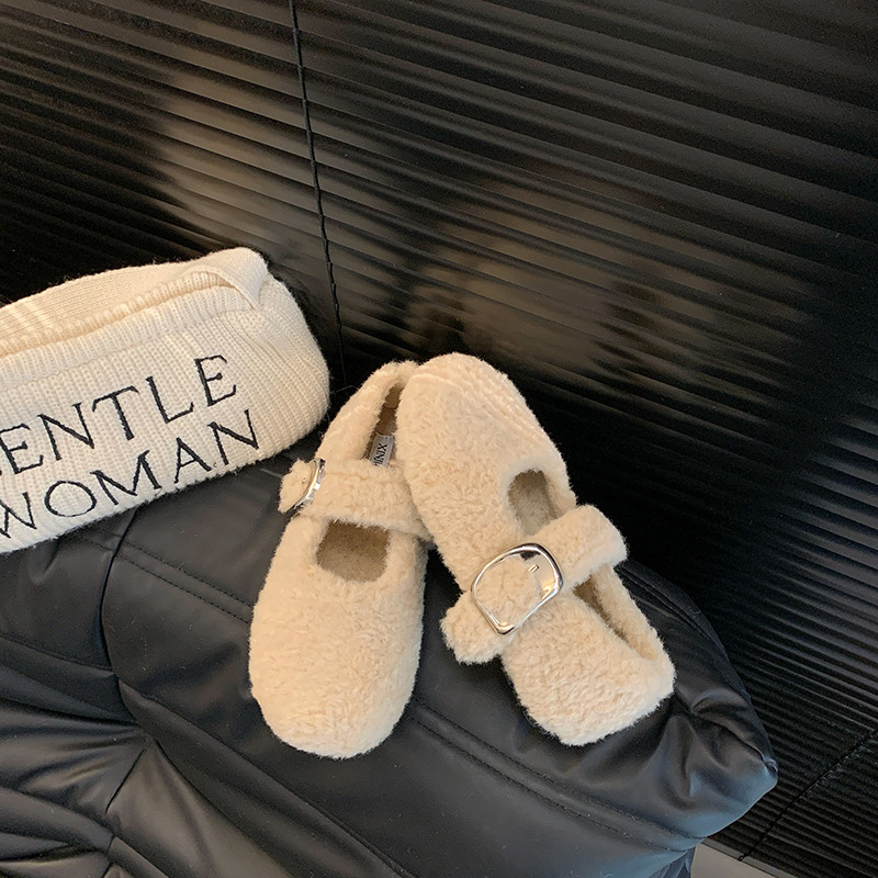 白色法式玛丽珍毛毛鞋女外穿加绒保暖秋冬季2025新款平底勃肯棉鞋,淘宝优惠券,粉丝福利购,淘宝优惠卷