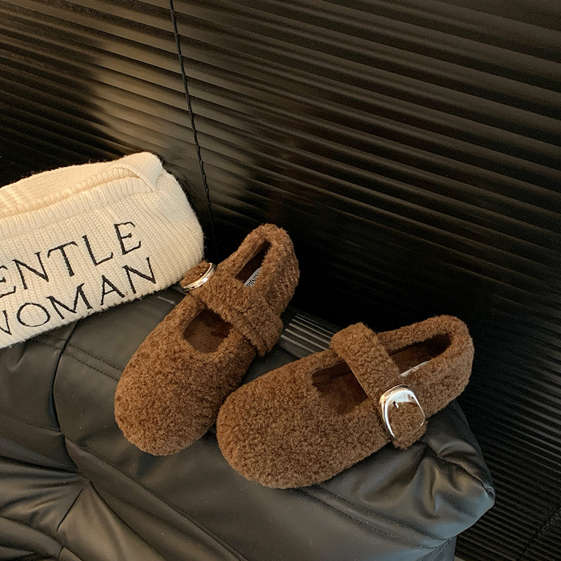 白色法式玛丽珍毛毛鞋女外穿加绒保暖秋冬季2025新款平底勃肯棉鞋,淘宝优惠券,粉丝福利购,淘宝优惠卷