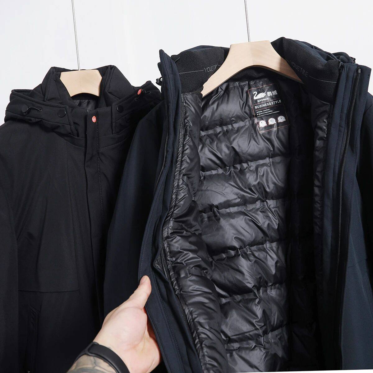 三合一鹅绒服 轻商务冬季男士连帽90%白鹅绒中长款抗寒保暖羽绒服,淘宝优惠券,粉丝福利购,淘宝优惠卷