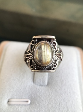 凉玥 尼泊尔手工复古宫廷风天然发晶玛瑙萤石925银戒指开口可调