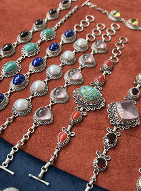 凉玥 尼泊尔手工掐丝大颗粒天然宝石多宝925银手链设计高级感礼物