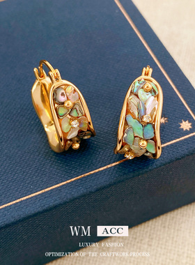 中古vintage真金电镀锆石贝母U形宽面耳扣复古耳环轻奢高级感耳饰