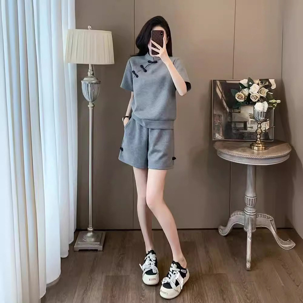 创宙 新中式国风休闲短袖短裤运动套装女夏季2024新款时尚灰色两件套潮