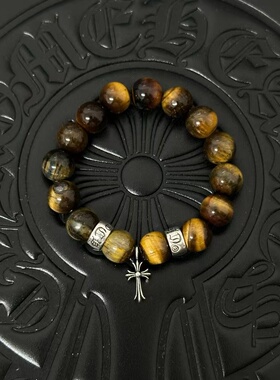 潮牌克元素十字架手串天然珠子猫眼石虎眼石个性男女情侣手链