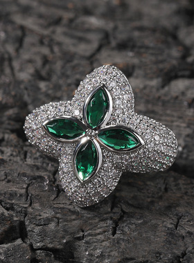 欧美潮牌满钻幸运四叶戒指嘻哈小众指环配饰戒指男