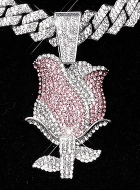 高级感玫瑰花个性镶钻吊坠项链