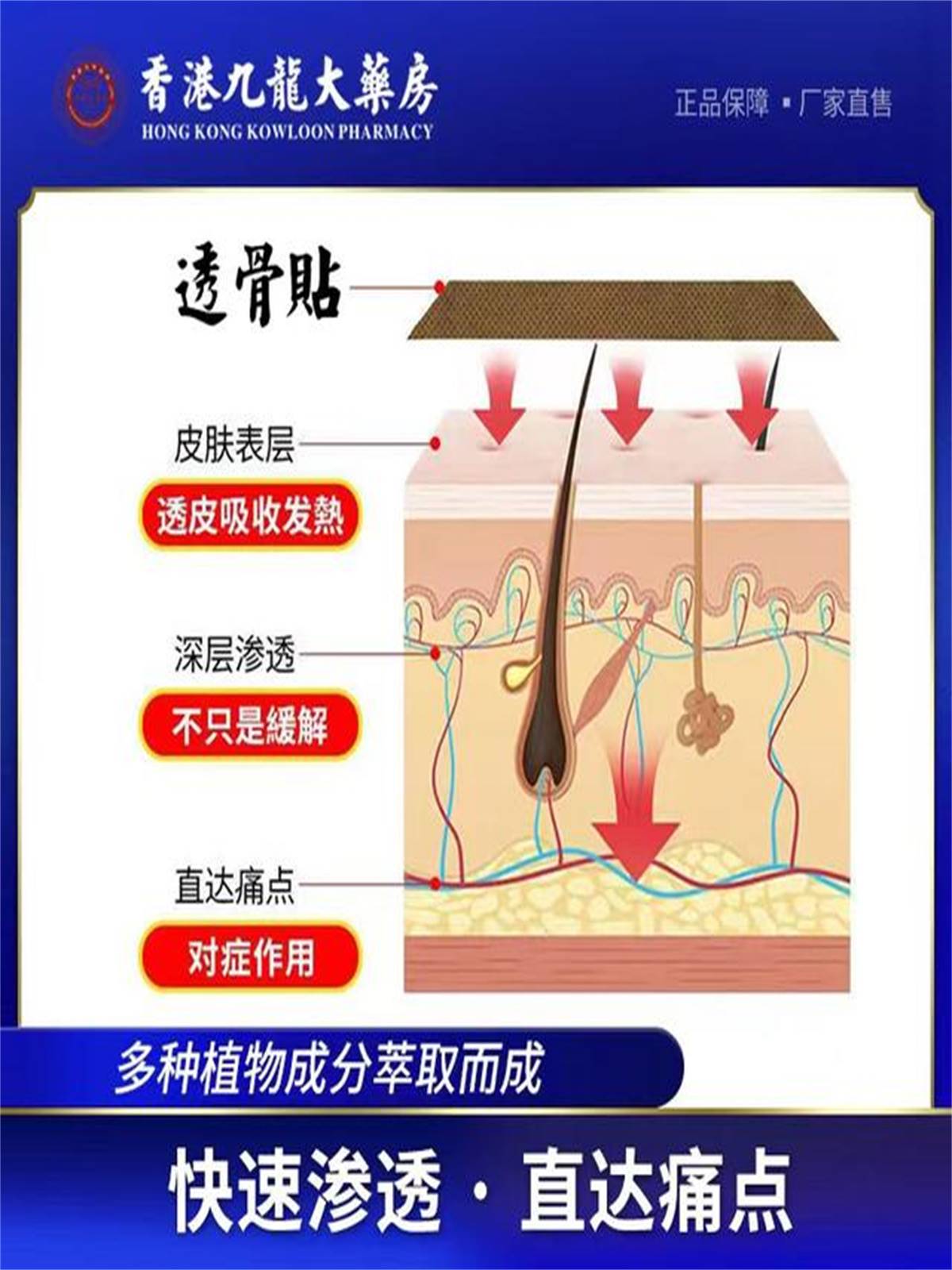 【推荐10盒装】香港九龙大药房透骨贴仟嘉甄选膏药贴镇酸痛12贴-图1